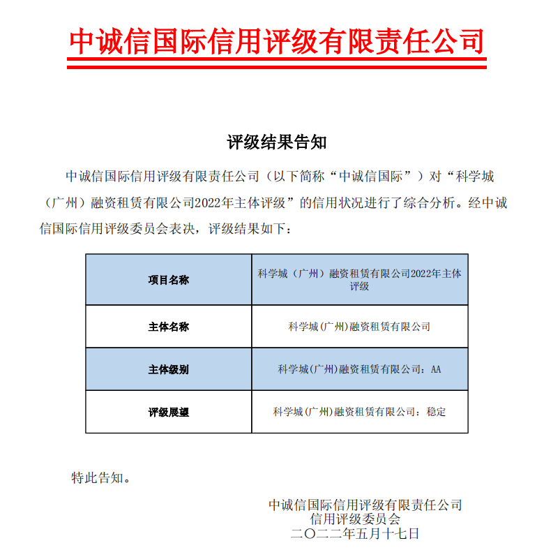 喜讯！副会长单位科学城租赁获得AA主体信用评级