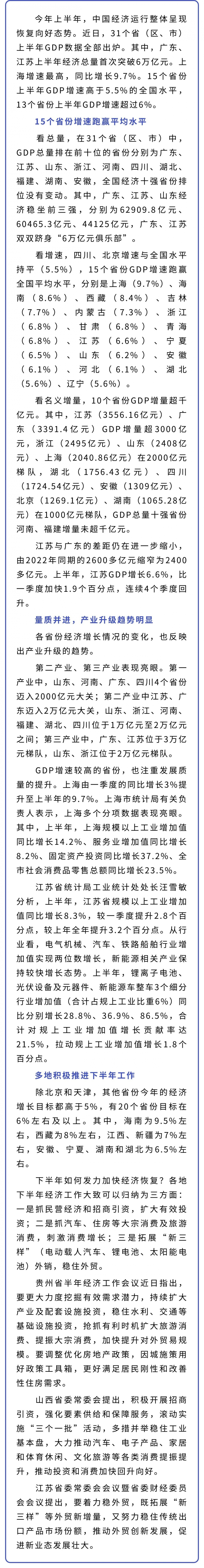 各地晒出上半年经济“成绩单” 广东上半年经济总量首次突破6万亿元